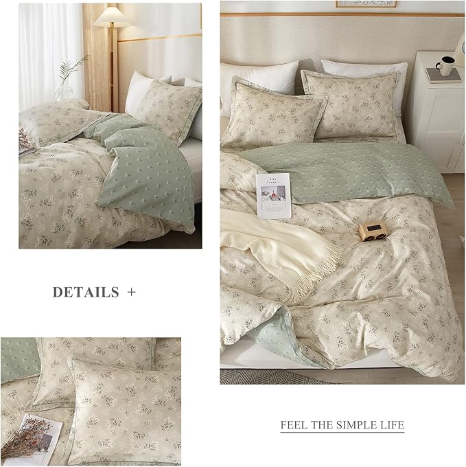 VM VOUGEMARKET Garden Flower Duvet Cover Set Queen Cotton Aesthetic Bedding Set Reversible Duvet Cover with 2 Pillow Shams,Blooming Comforter Cover for Girls