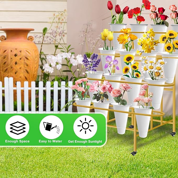 Flower Display Stand with 16PCS Buckets, 4 Layers Flower Cart Display Stand with Wheels Heavy Duty Metal Flower Bar Stand for Florist Shop, Patio Garden and Living Room - Gold