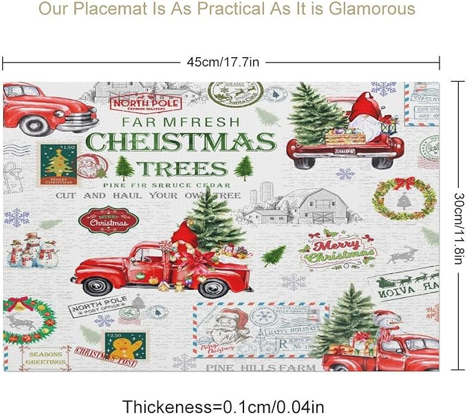 Christmas Placemats Simple Rustic Christmas Tree Red Gnome Truck Christmas Bells Gifts Wreath Snowman Greeting Card Placemats Table Kitchen Dining Party 12x18 Inch Set of 4