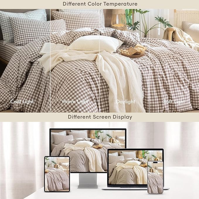 MooMee Gingham Duvet Cover Set 100% Washed Cotton Linen Like Textured Breathable Durable Soft Comfy Modern Checkered Design (Brown Gingham, Cal King 104"x98")