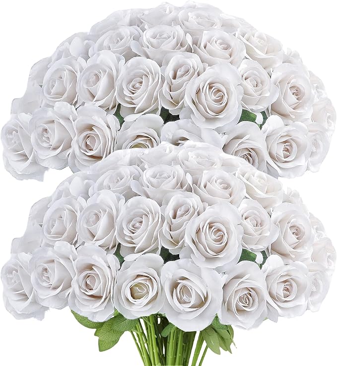 Artificial Rose Flower Artificial Flowers Flower with Long Stem Silk Roses Bouquet for Wedding Bridal Shower Party Home Decoration (Nude, 50 Pcs)