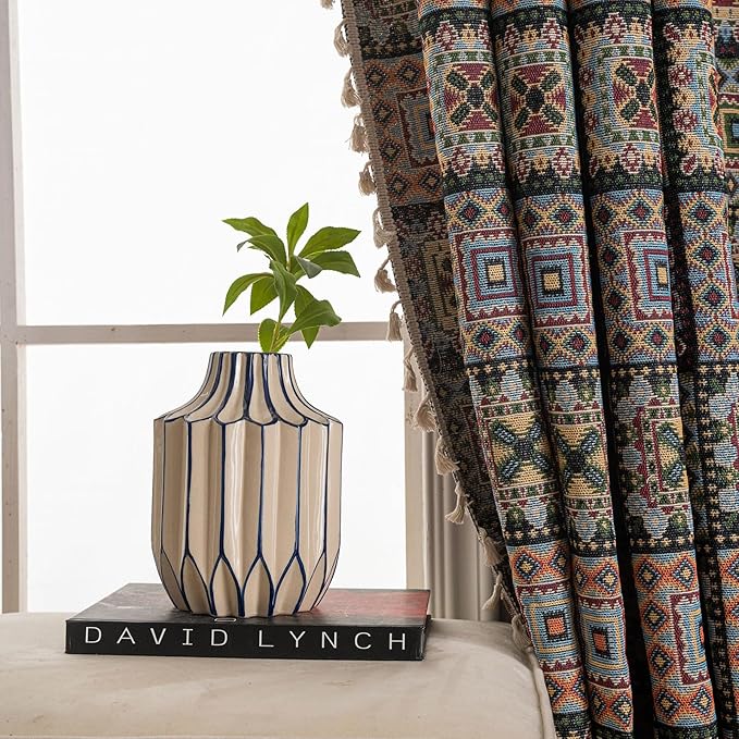 ENJOYBRIDAL Patchwork 84 Inch Curtains for Bedroom Living Room Drapes Jacquard Bohemian Semi Sheer Floor Length Window Curtains 2 Panel Sets Vintage Geometric Black Rod Pocket Boho Window Treatments