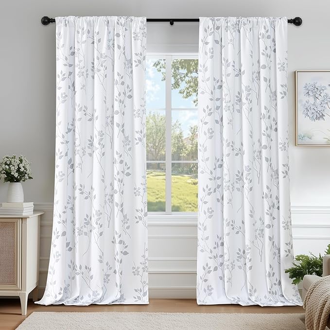 Beauoop Floral 100% Blackout Curtains 96 Inches Long 2 Panels for Bedroom Living Room Grey White Flower Patterned Room Darkening Thermal Insulated Soundproof Rod Pocket Back Tab Window Drapes, 52X96
