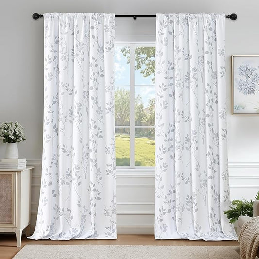 Beauoop Floral 100% Blackout Curtains 96 Inches Long 2 Panels for Bedroom Living Room Grey White Flower Patterned Room Darkening Thermal Insulated Soundproof Rod Pocket Back Tab Window Drapes, 52X96