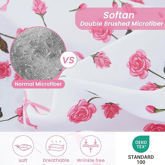 Softan Pink Floral Full Bed Sheets, Cozy Microfiber Flower Printed Sheets with 15" Deep Pocket Fitted Sheet & Non-Slip Straps, Patterned Pink Rose - Bow Sheets & Pillowcase Set