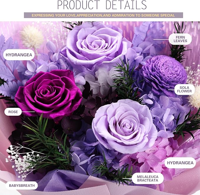Preserved Flowers for Delivery, Purple Flower Bouquets with Necklace, Forever Real Roses Anniversary Birthday Gifts for Women Mom Wife Girlfriend, Fresh Flowers for Valentines Day Christmas