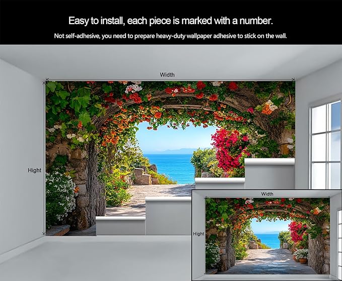 Mediterranean Arch Seaside Wall Mural, Flower Tunnel Ocean View 3D Wall Murals, Greek Island Style Wallpaper Mural, for Living Room Bedroom Large Wallpaper Indoor Decor 78.7" W x55.1 H