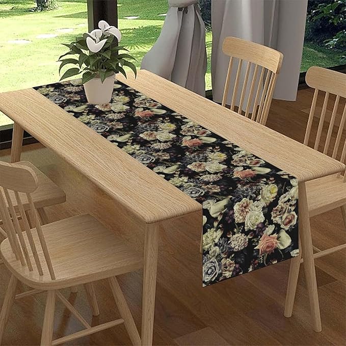 Gothic Floral Table Runner, Vintage White Blue Floral Boho Flower Garden Botanical Spring Seasonal Print Table Center Decor for Family Kitchen Table Decorations Indoor Outdoor 13x72 inch