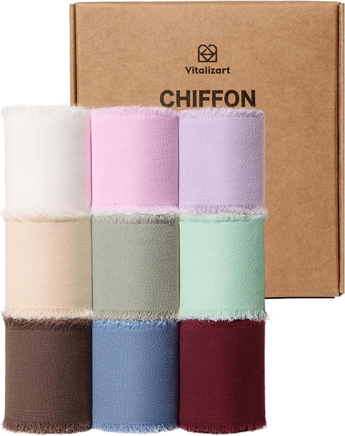 Vitalizart 9 Rolls 1.5" Chiffon Silk Ribbon Handmade Fringe Total 27 Yd Frayed Edges Ribbons for Wedding Invitations Gifts Wrapping Crafts Holiday Decor Bridal Bouquets