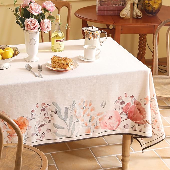 Linen Small Square Tablecloth,French Vintage Pink Floral Pattern Wrinkle Free Tablecloths,Decorative Table Cover for Kitchen,Dining,Thanksgiving,Christmas,Tea Party,55"*55"-Sloosa