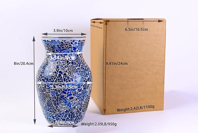 8" H Blue Mosaic Vase.Exquisite Craftsmanship.Decor Home Modern Midsize All Handmade Mosaic Vases .Beautiful Hand-Set Cracked Glass Vase for Home&Office Decor.Unique Gift