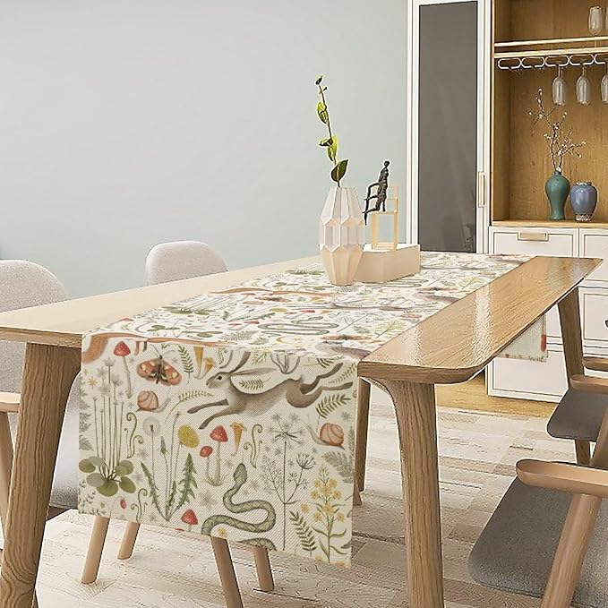 Country Forest Table Runner, Wild Animal Hare Squirrel Owl Snake Snail Flowers Mushroom Print Table Runner for Spring Holiday Farmhouse Kitchen Indoor Outdoor Decoration, 13x108inch