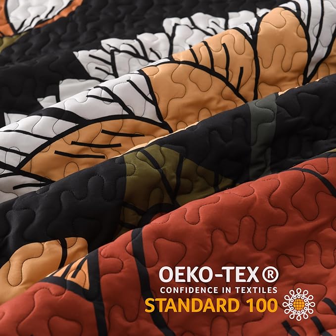 Andency Floral Boho Quilt King Size Bedding Set Black, 3 Pieces Farmhouse Flower Botanical Summer Bedspreads with 2 Shams, Soft Reversible Lightweight Microfiber Coverlet Set for All Season, 106"x96"