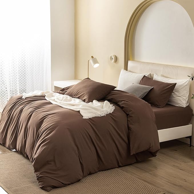 JIYUAN 100% Washed Cotton Duvet Cover Set 3 PCS Oversized King Plus, 1 Duvet Cover 128"x120"(Comforter Not Included) and 2 Pillowcases,Linen Feel Bedding Set Comfy and Breathable,Chocolate Brown