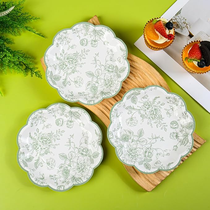 48 Pcs Sage Green Floral Party Plates Vintage Floral Leaf Disposable Paper Plates Wildflower Green Toile 7" Scalloped Rim Dessert Plates for Christmas Birthday Bridal Tea Party Supplies