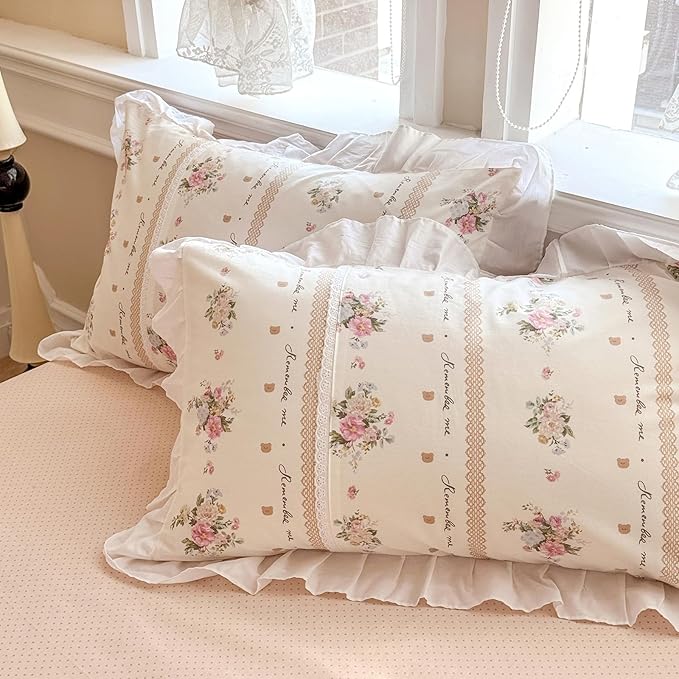 VM VOUGEMARKET White Ruffle Comforter Set Queen with Elegant Pink Flower Printed Romantic Lace Comforter with 2 Pillow Shams Princess Bedding Comforter Set for Teen Girls(3pcs,Queen)