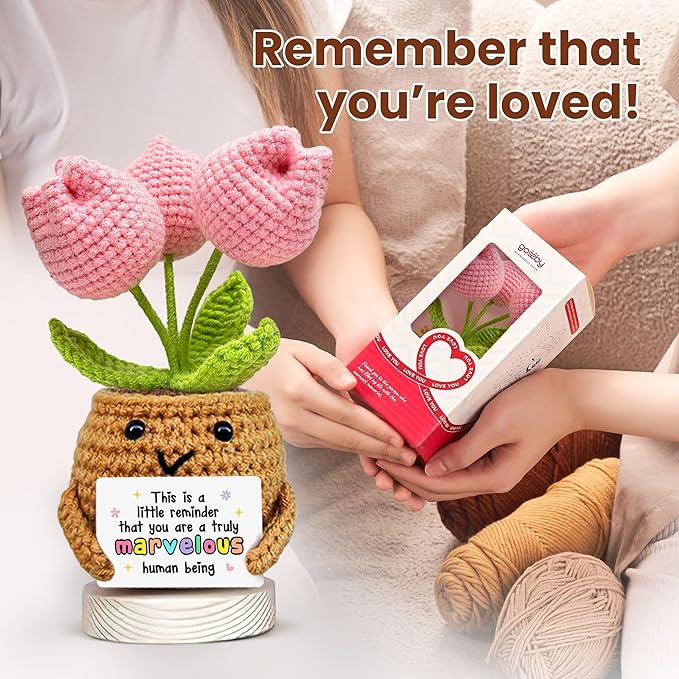 Gossby Handmade Positive Tulip Flower Crochet - This is A Little Reminder - Inspirational Gift for Women - Thank You, Appreciation, Positive Gift for Teacher, Mom, Friend, Coworker - Knitted Decor