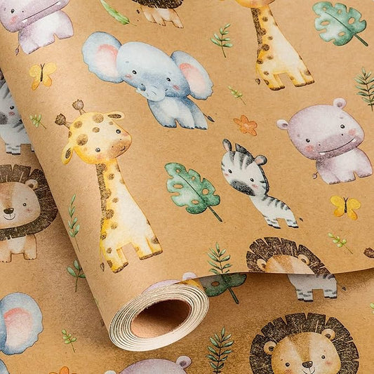 Burymento Kraft Animal Wrapping Paper, Cut Auxiliary Line Design Gift Wrap for Baby Shower, Birthday, Valentines, Mothers day, Graduation, Wedding, Fathers day, Christmas (17 Inch X 32.8 Ft)
