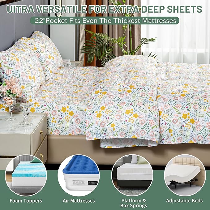 Bedlifes Queen Size Extra Deep Pocket Sheet Sets - Fits Mattresses Up to 18-24" Thick, 4-Piece Microfiber Set with 1800 Thread Count, Soft, Smooth, Breathable, Featuring Floral