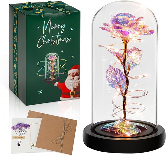 Childom Christmas Rose Gifts for Women,Birthday Gifts for Women Mom Christmas,Flowers for Delivery Prime,Colorful Light Up Rose in A Glass Dome,Anniversary Rose Gift for Her Grandma Valentines Day