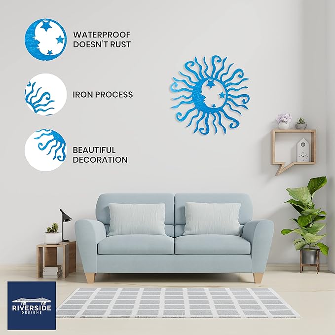 Riverside Designs Wacky Solar Moon Metal Wall Art Steel Outdoor Decor | Heavy-Duty and Waterproof | Made in USA (Teal, 36L x 36W)