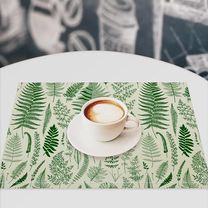 Vintage Leaves Placemats Set of 4, 17x12 Inch Green Boho Abstract Aesthetic Tropical Botanical Leaves Modern Art Printed Table Mats for Home Party Kitchen Dining Decor