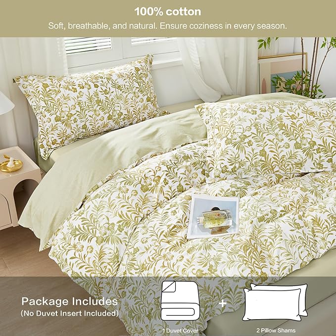 SAPHREAS Yellow Botanical Leaves Duvet Cover Set Queen Size 3pcs 100% Cotton Soft Leaf Bedding Comforter Cover Set 1 Duvet Cover 2 Pillow Shams, Comforter Not Included