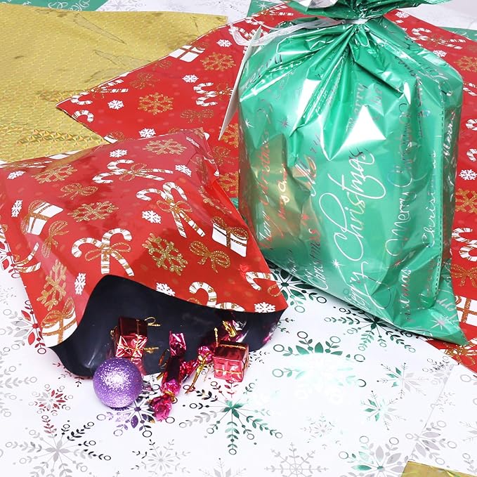 WesGen Christmas Gift Bags, 32Pcs Santa Wrapping Bag in 4 Sizes and 4 Designs with Ribbon Ties and Tags for Wrapping Holiday