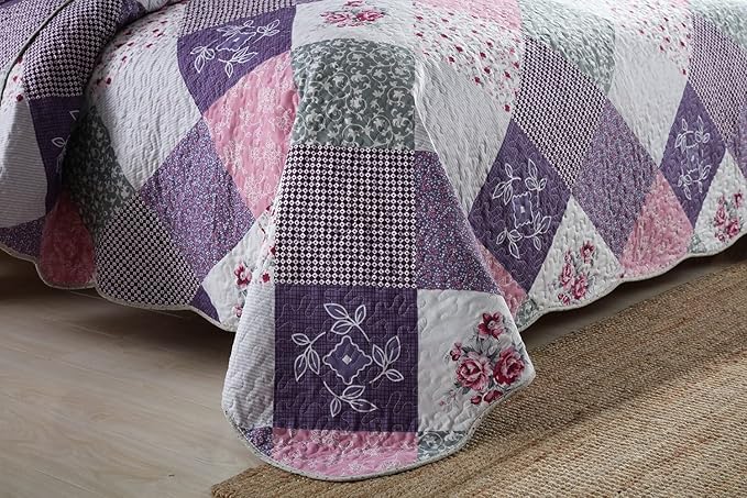 Travan Bedspread Quilt Set 3-Piece Lightweight Coverlet Set with Shams Reversible Quilted Bedding Set for All Season, Purple Floral, King Size