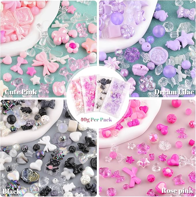 Assorted 210-270PCS Acrylic Beads for Bracelet Making,Flower Bow Candy GummyBear Kawaii Bracelet Charms, Cute Beads for Jewelry Making Necklace Keychain Phone Charm Christmas Gifts DIY