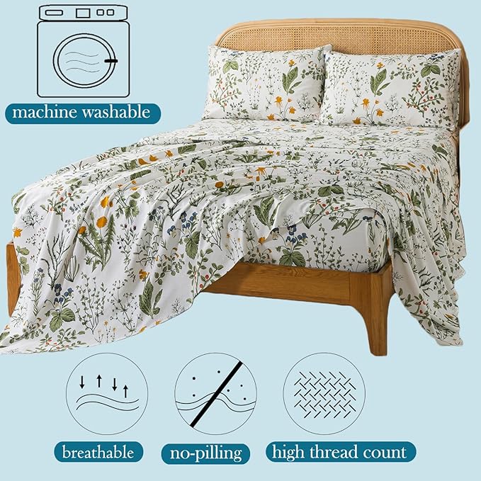 Zusbest Queen Sheet Set 100% Percale Cotton Green Floral Bed Sheet Set Yellow Flower & Green Leaves Botanical Pattern Printed on White Garden Luxury Crisp Soft Deep Pocket Fitted Sheet 17.5'' 4Pcs