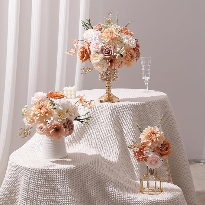Artificial Flowers Combo, Mix Silk Flowers Roses, Peonies, Dahlias with Stems for DIY Wedding Bridal Bouquet, Baby Shower, Table Centerpieces, Home Decor, Fake Floral Arrangements-Boho Nude