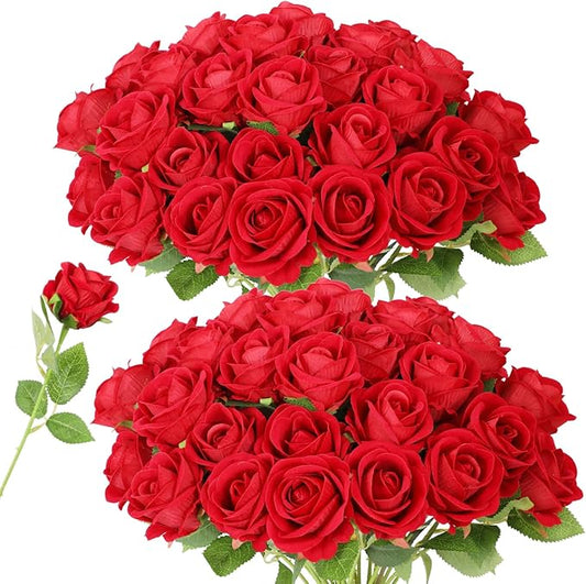 52 PCS Red Roses Artificial Flowers, Fake Red Rose Bouquet, Artificial Silk Red Roses with Stems for Wedding Flowers Decoration, Valentines Day Mothers Day, Bridal Bouquet Roses