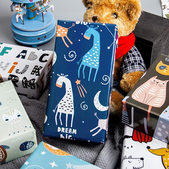WRAPAHOLIC Wrapping Paper Sheet - 12 Sheets Cute Animal Design for Birthday, Holiday, Party, Baby Shower - 17.5 Inch x 39.3 Inch Per Sheet