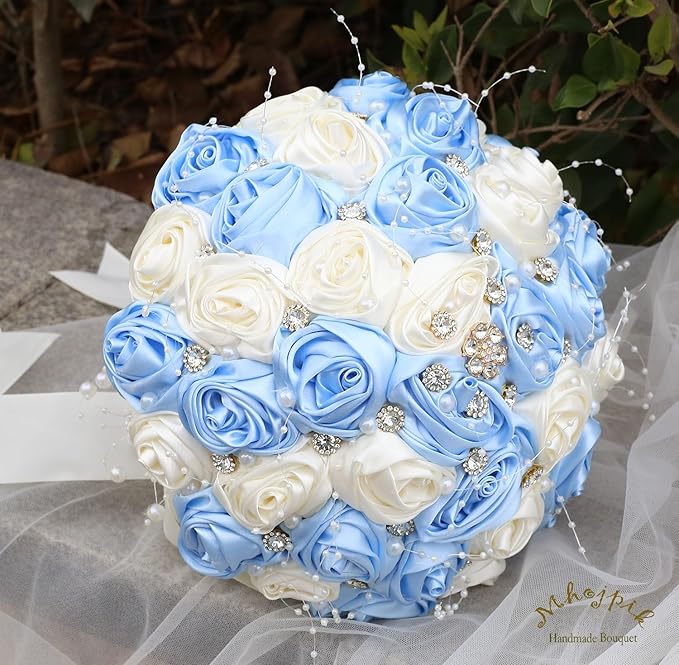 Bridal Wedding Bouquet Round Bling Brooch Bouquet Throw Toss Artificial Rose Flower Bunch for Bride Bridesmaid Wedding Quinceanera(Light Blue & Ivory, 9.8")