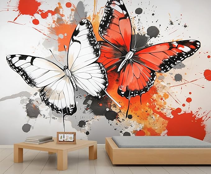 Modern Watercolor Butterfly Wall Mural, Abstract Butterfly 3D Wall Murals, Ink Painting Wallpaper Mural, for Living Room Bedroom Large Wallpaper Indoor Decor 177.16" W x120 H