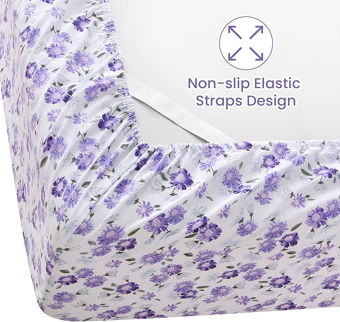 Softan Puple Floral Twin Sheet Set, 3-Piece Microfiber Printed Fitted Sheet with 15" Deep Pockets & Non-Slip Straps, White Flower Patterned Single Bedding Sheets & Pillowcase Set