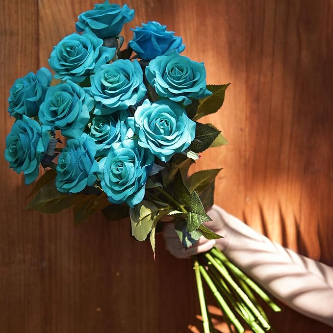 FiveSeasonStuff Silk Roses Artificial Flowers for Decoration, Home Decor Centerpiece for Tables, Wedding Bridal Bouquet of Flowers Real Touch Roses 12 Stems (Teal)