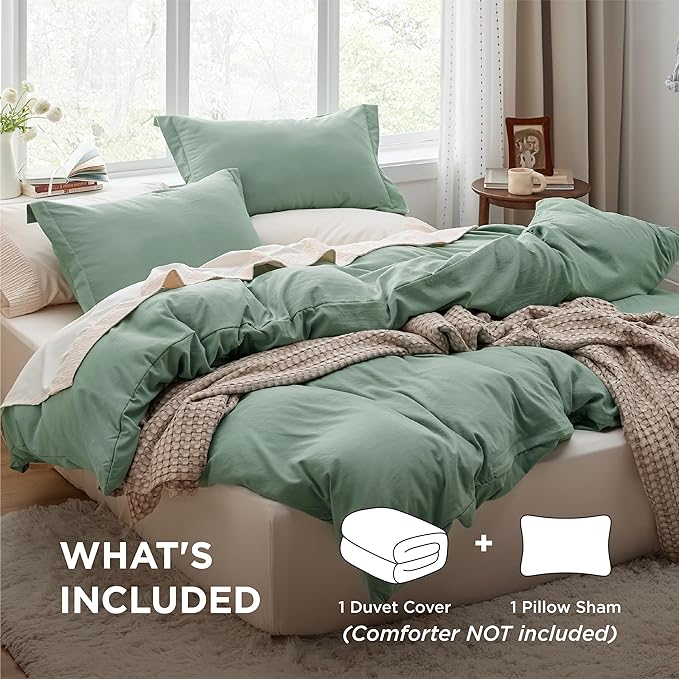 Bedsure Sage Green Duvet Cover Twin/Twin XL Size - 2 Pieces Prewashed Cotton-Like Extra Soft Bedding Set, Includes 1 Twin Duvet Cover 68x90 Inches with Zipper Closure & 1 Pillow Sham, No Comforter