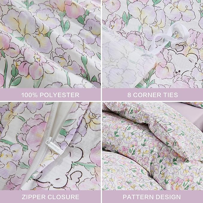 SAPHREAS King Size Pink Iris Floral Duvet Cover Botanical Floral Leaves Pattern Comforter Set Cute Bear Duvet Cover Lightweight Soft Microfiber 3pcs 1 Duvet Cover 2 Pillow Shams