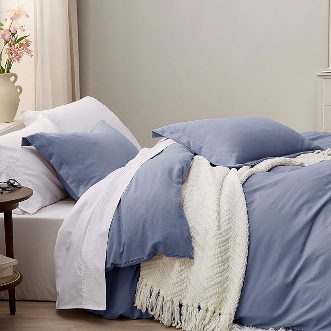 Bedsure Slate Blue Duvet Cover Queen Size - 3 Pieces Prewashed Cotton-Like Extra Soft Bedding Set, Includes 1 Duvet Cover 90x90 Inches with Zipper Closure & 2 Pillow Shams, Comforter Not Included
