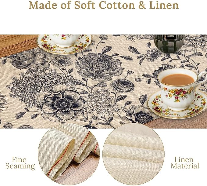 Black White Flower Table Runner,Vintage Wildflower Decor Table Runner for Home Kitchen Table Dining Indoor Outdoor Party Decor 13x108 Inch