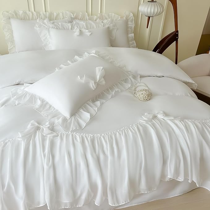 Ruffled Bedding Bow Duvet Cover Set with Butterfly Tie, Soft Brushed Microfiber Shabby Chic Bedding Set with Zipper Closure-White,Queen