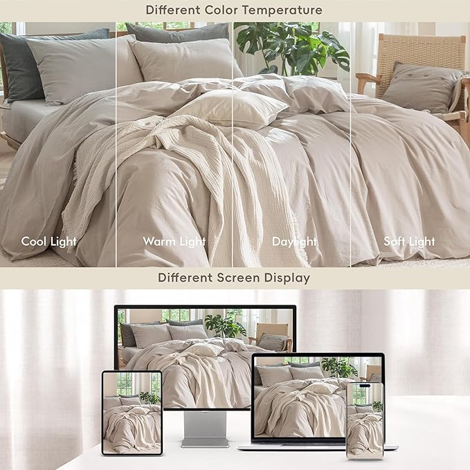 MooMee Bedding Duvet Cover Set 100% Washed Cotton Linen Like Textured Breathable Durable Soft Comfy (Solid Light Tan, Super King 108"x98")