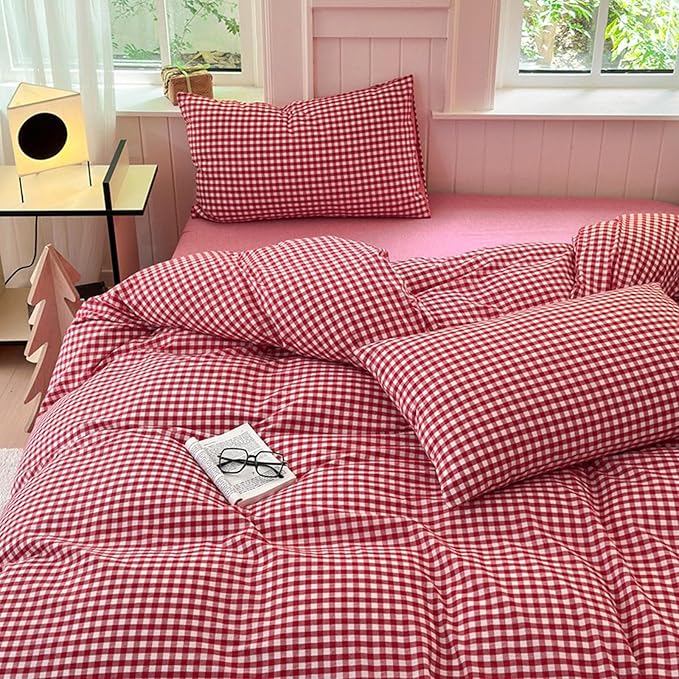 LifeTB Red Gingham Comforter Set King Modern Style Boho Plaid Comforter Set 3 Pieces Soft Fluffy Grid Checkered Pattern Comforter with 2 Pillowcases Farmhouse Gingham Plaid Bedding Set Breathable