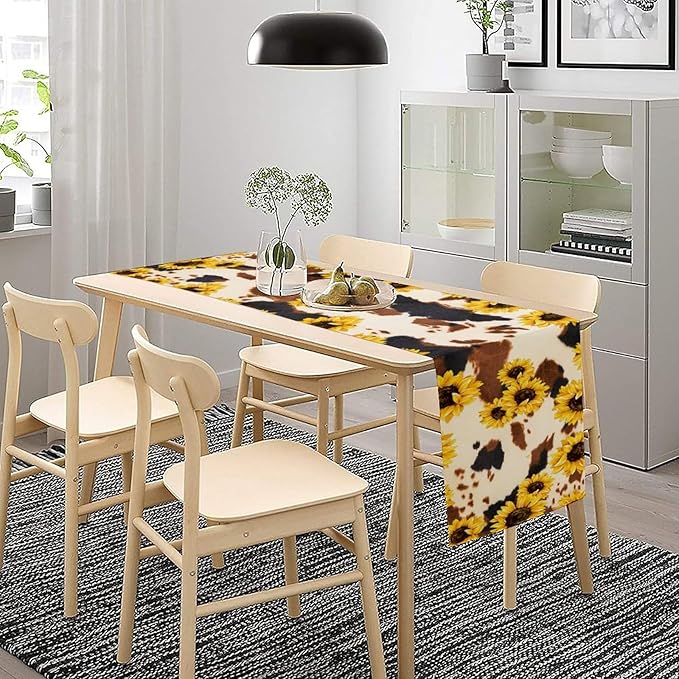 Cow Skin Print Table Runner, Vintage Sunflower Cottage Country Farm Animal Fur Skin Western Style Brown Cowhide Print Dinner Runner for Home Kitchen Dining Table 13x36in