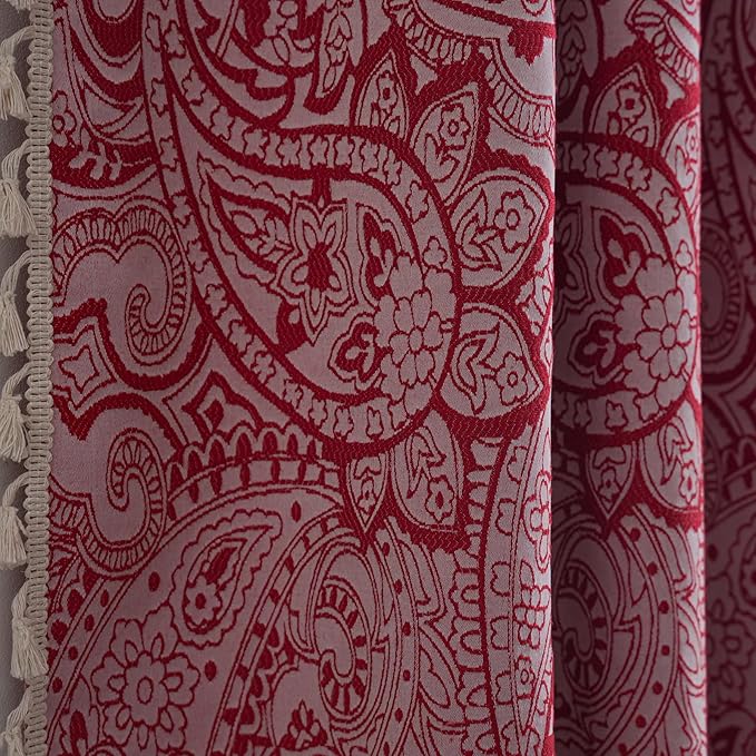 ENJOYBRIDAL Red Paisley 96 Inch Curtains for Bedroom Boho Drapes Semi Sheer Rod Pocket 2 Panels Long Window Curtain Panels for Living Room Farmhouse Jacquard Decorative Vintage Window Treatments
