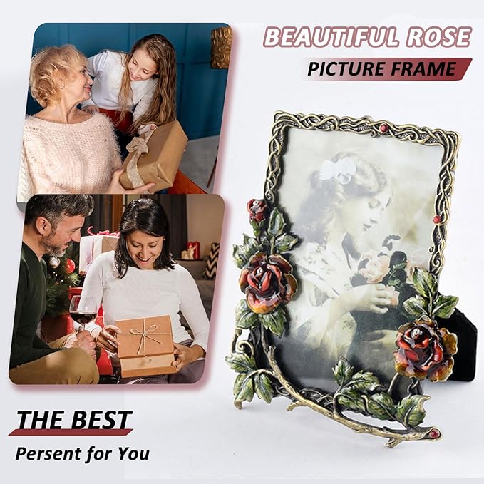 5x7 Picture Frame Vintage Decor Ornate Red Rose Flower Antique Photo Frame with Glass Front Metal Brass Art Table Top Decor for Valentines Wedding Anniversary Birthday Mothers Day Gifts