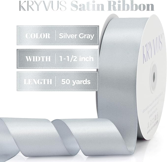 Silver Gray Satin Ribbon, Double Faced 1-1/2 Inch X 50 Yards Silver Gray Ribbon, Premium Satin Ribbon for Gift Wrapping, Crafts, Hair Bow Making, Sewing, Flower Bouquet, Wedding Party Decor