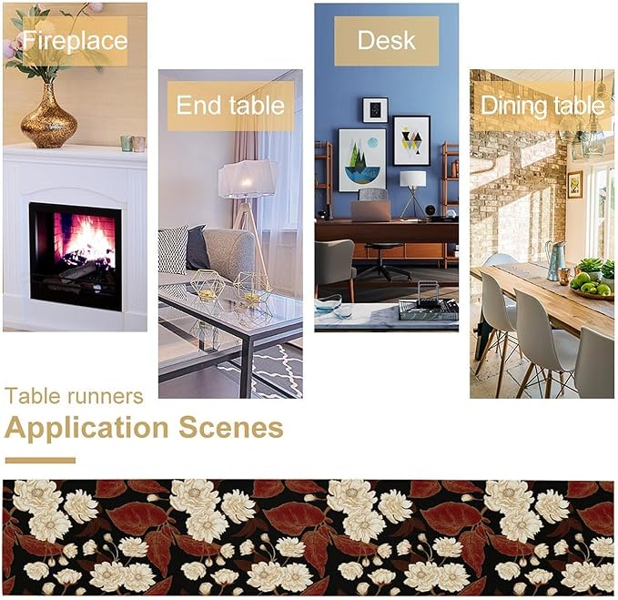 Red Gold Floral Table Runner, Boho Dark Flower Leaves Chinese Plum Blossoms Botanical Vintage White Gold Art Print Table Runner for Spring Holiday Decor, 13x108inch